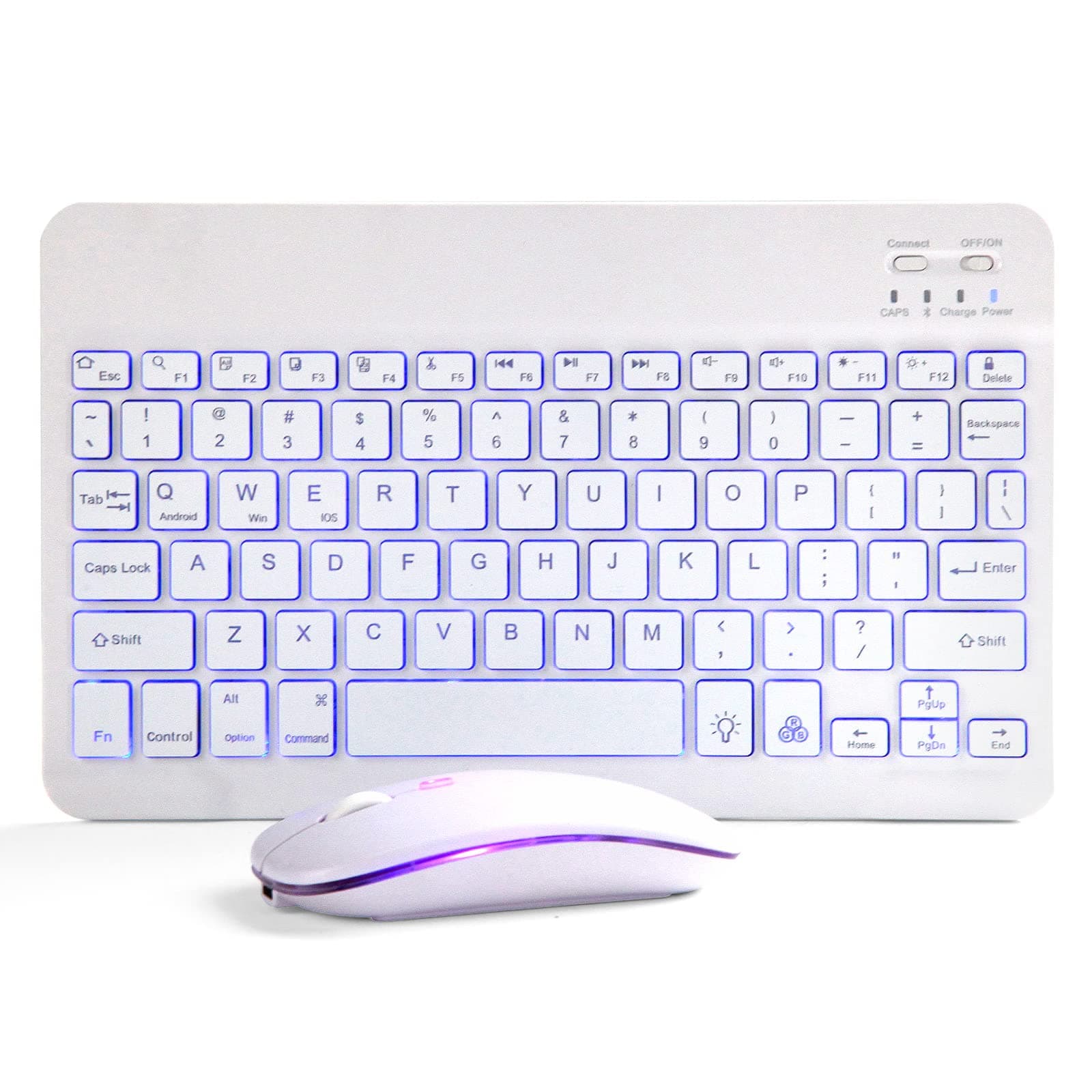 Bluetooth Keyboard and Mouse Combo for iPad - Rechargeable Wireless Keyboard & Mouse with 7-Color Backlit Compatible with iPad 9th/8th Gen, iPad Pro/Air/Mini, iPhone14/13/12 Pro, White