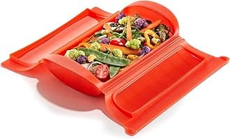 Lékué 1-2 Person Steam Microwave Cooking Case with Draining Tray & 10min Cookbook (Red) 100% Silicone BPA-Free Family Portion Steam Cooking Container for Meals, Vegetables, Meat, Fish & More