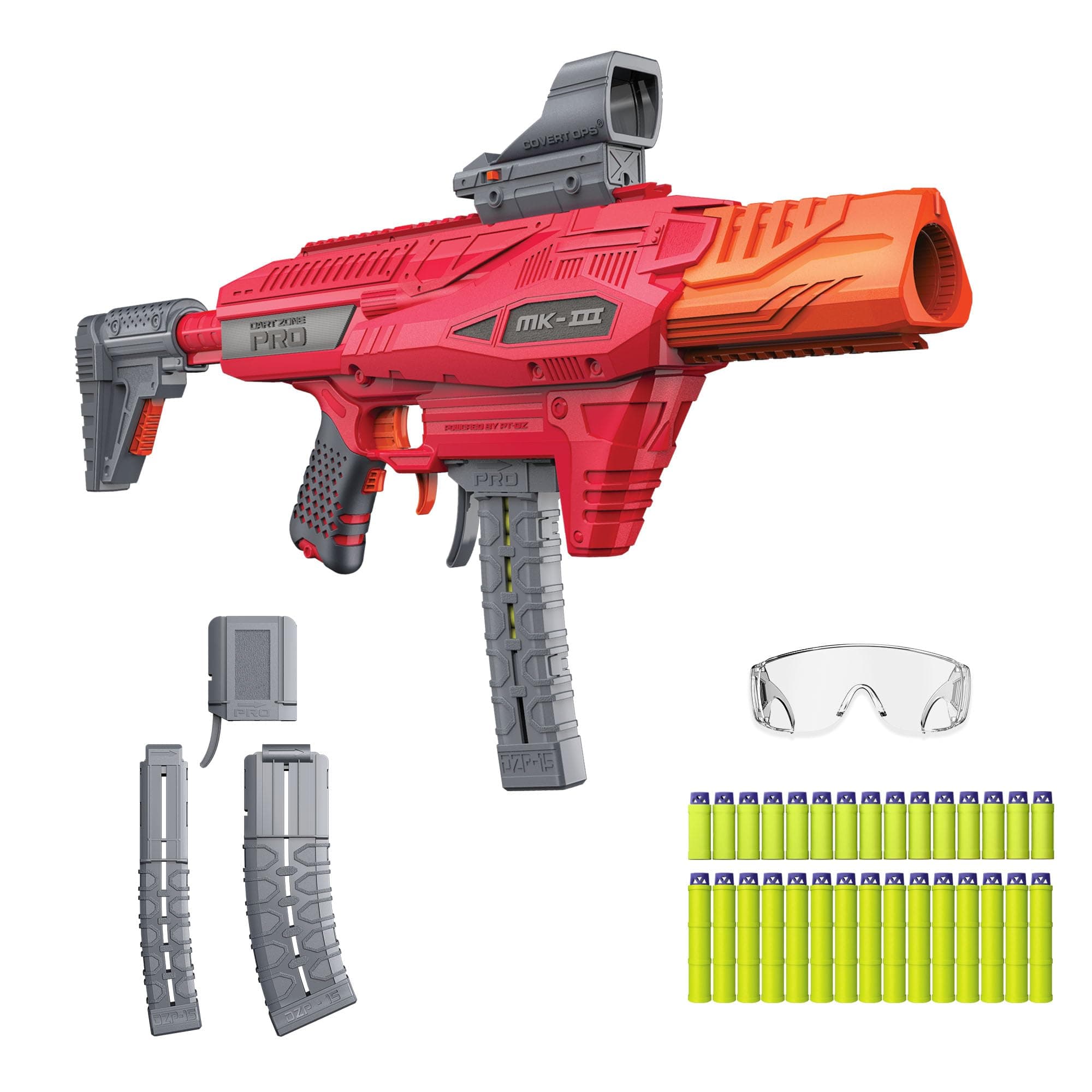 Pro-Series MK-3 Motorized 150 FPS Full Auto Blaster for Ages 14+ - 30 Soft Bullet Darts, Red Dot Sight, Mags, Stock & Eyewear - 125 ft Range