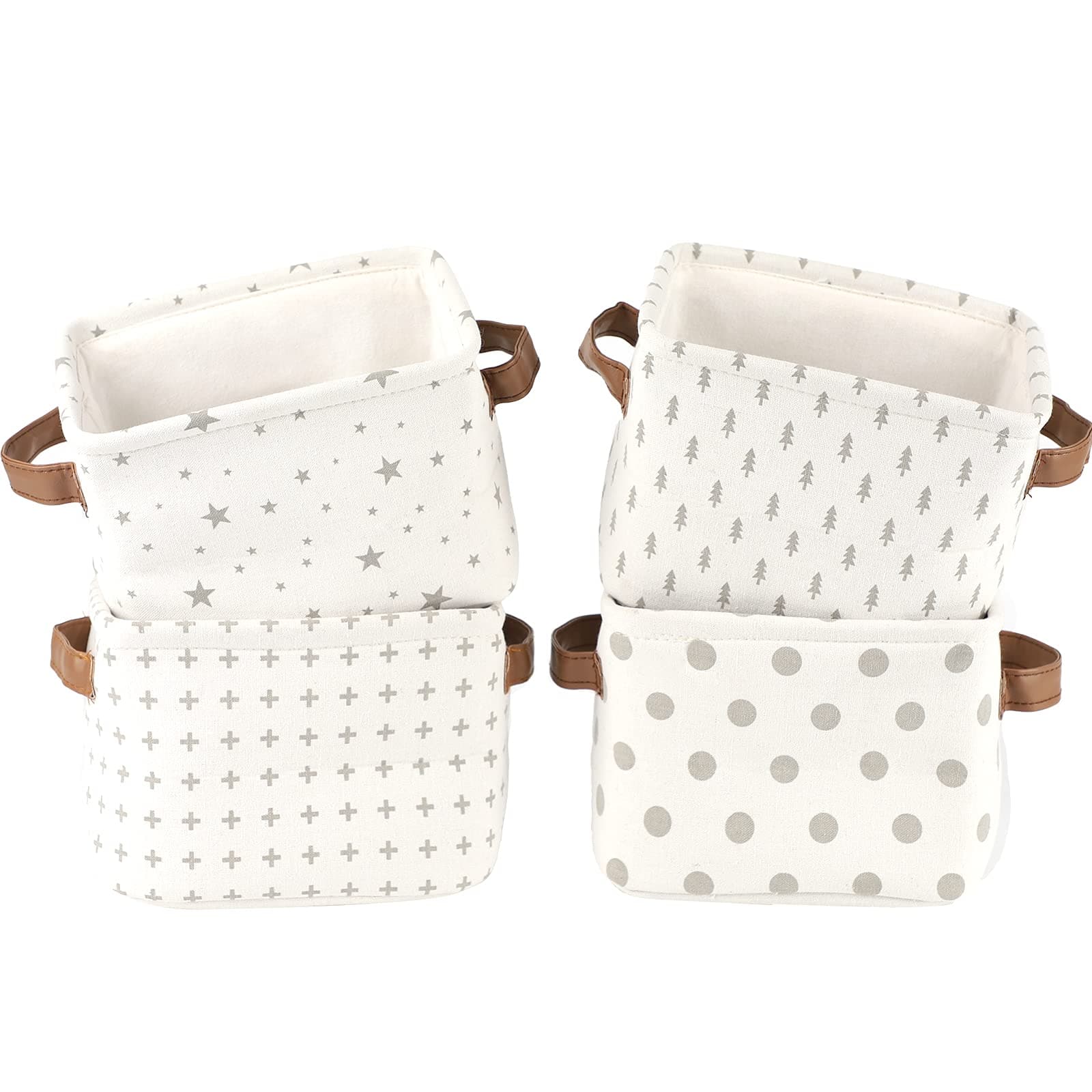 LessMo 4 Pack Storage Baskets, Collapsible Mini Storage Boxes, Canvas Fabric Waterproof Storage Bins made from Cotton and Linen, for Toys, Bathroom, Closets, Playroom (GREY-SPOT, Thick fabric)