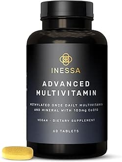 Inessa Multivitamin with CoQ10 100mg, Vitamin D3 2000 IU, K2 100mcg, B Complex, Vitamins A 800mcg, Folic Acid as 5-MTHF 400mcg, Zinc 20mg and Lutein