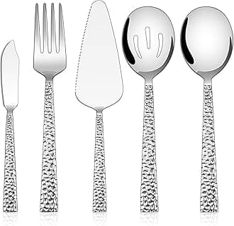 Hammered Serving Utensils, 5-Piece Stainless Steel Square Hostess Serving Set for Buffet Party Kitchen Restaurant, Mirror Finished & Dishwasher Safe
