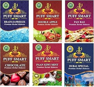 Herbal Hookah Molasses (100% Nicotine and Tobacco Free) Double Apple, Brain-o- Freeze, Chocolate, Pan Ras Dubai Special, Paan Kiwi Mint Hookah Flavor (Pack of 6)