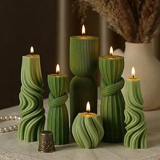 Threlaco 6 Pcs Pillar Candles Decorative Modern Aesthetic Ribbed Candle Set Cute Soy Wax Scented Ribbed Decor Valentine's Commemorative Gift for Home Decoration(Green,2.36-6.89 Inch)