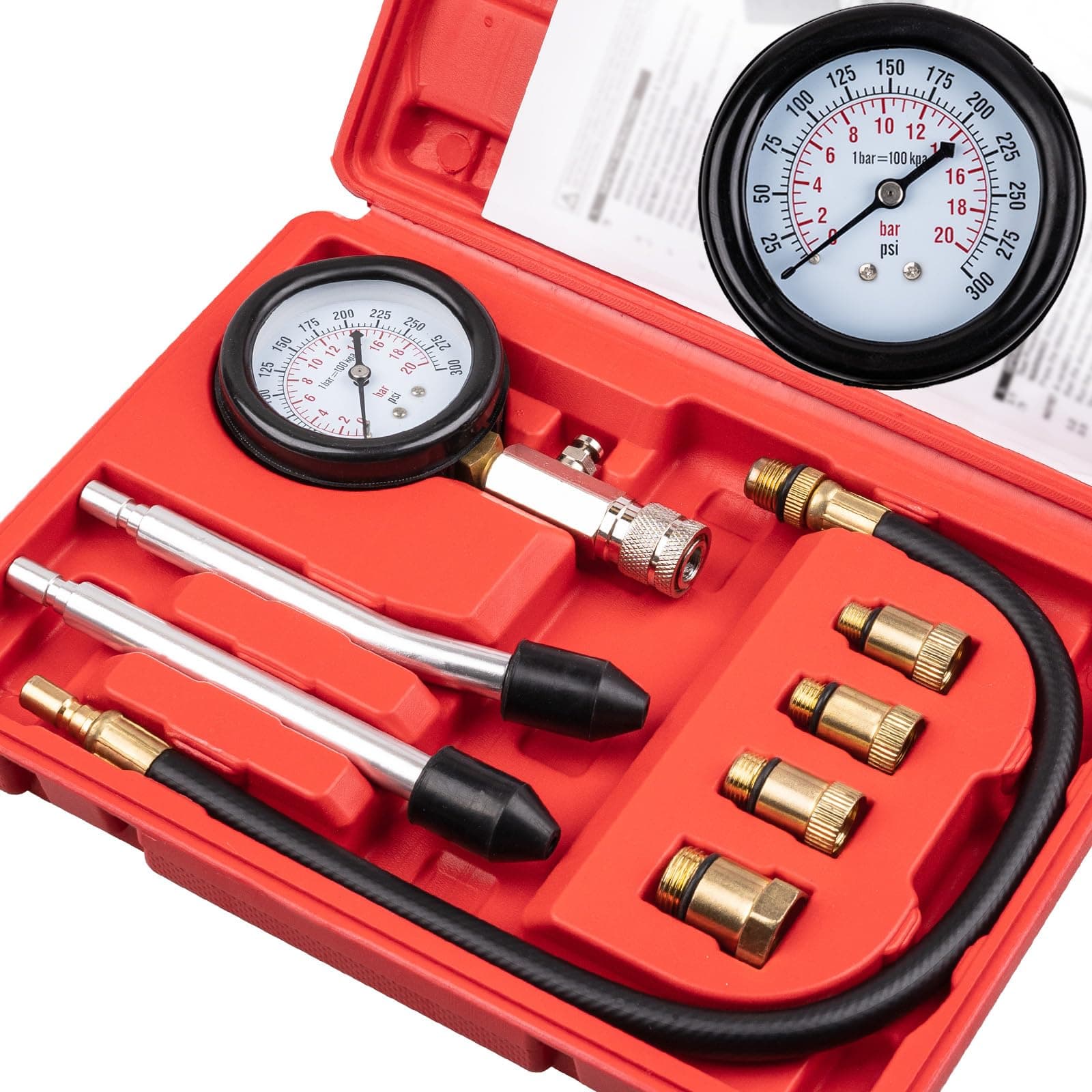Clatoon 8pcs Petrol Engine Cylinder Compression Tester Kit, Small Engine Compression Tester Automotive Tool Gauge 0-300PSI for Testing Car Motorcycle Outboard Motor Snowmobile Chainsaw