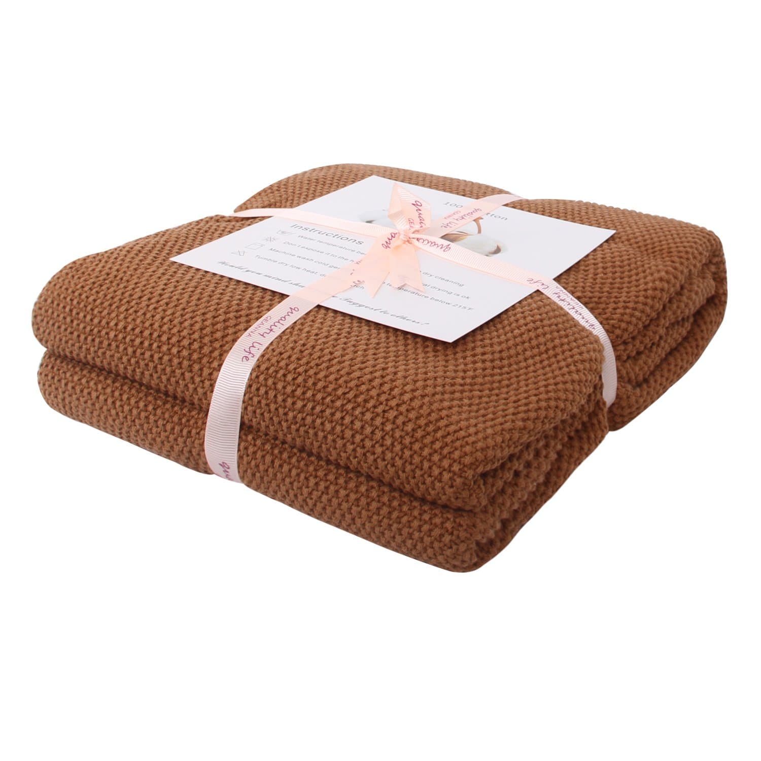 Throw Blanket Moss Stitch Solid Soft Sofa Couch Decorative Knitted Blanket ,50 x 60 inch, As Gift with Free Washing Bag (Coffee)