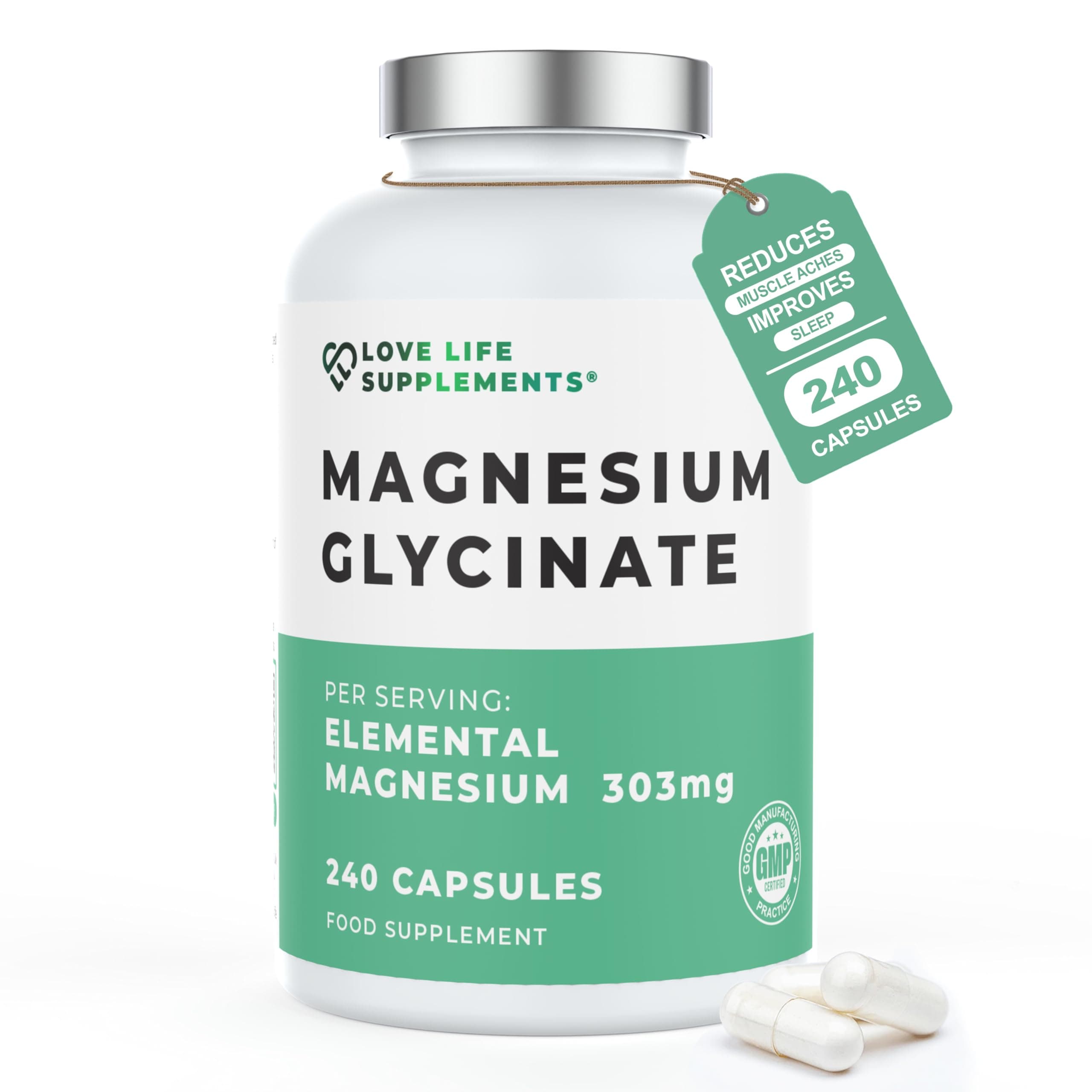 Magnesium Glycinate (Bisglycinate) | Chelated Magnesium Supplements | 2750mg (303mg Magnesium) | 240 Capsules / 60 Servings | Highly Bioavailable | Made in UK - GMP Certified | Love Life Supplements