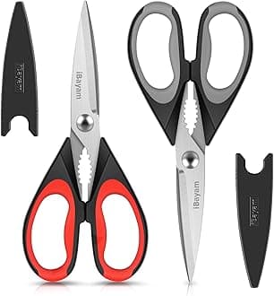 iBayam Kitchen Shears, Kitchen Scissors Heavy Duty Meat Scissors Poultry Shears, Dishwasher Safe Food Cooking Scissors All Purpose Stainless Steel Utility Scissors, 2-Pack (Black Red, Black Gray)