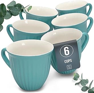 Set of 6 Stoneware Mugs - Coffee Mug Set - Modern, Dishwasher, Microwave, and Scratch Resistant - Stylish Tea and Coffee Mug Set - Coffe Cup - Elegant Grooved Mugs in Petrol