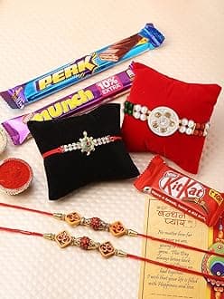 Collectible India Rakshabandhan Rakhi Chocolates Gift Hamper for Brother Bhai Bhabhi Kids | Lucky Fenshui Gift With 4 Rakhi, Chocolates & Pooja items