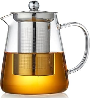 KHOLAD Glass Kettle Teapot with Removable Infuser & Lid & Handle, Glass Tea Kettle Stovetop Microwave Safe, Great for Loose Leaf Tea, Blooming Tea, Tea Bags & Fruit Infused Water (Round)