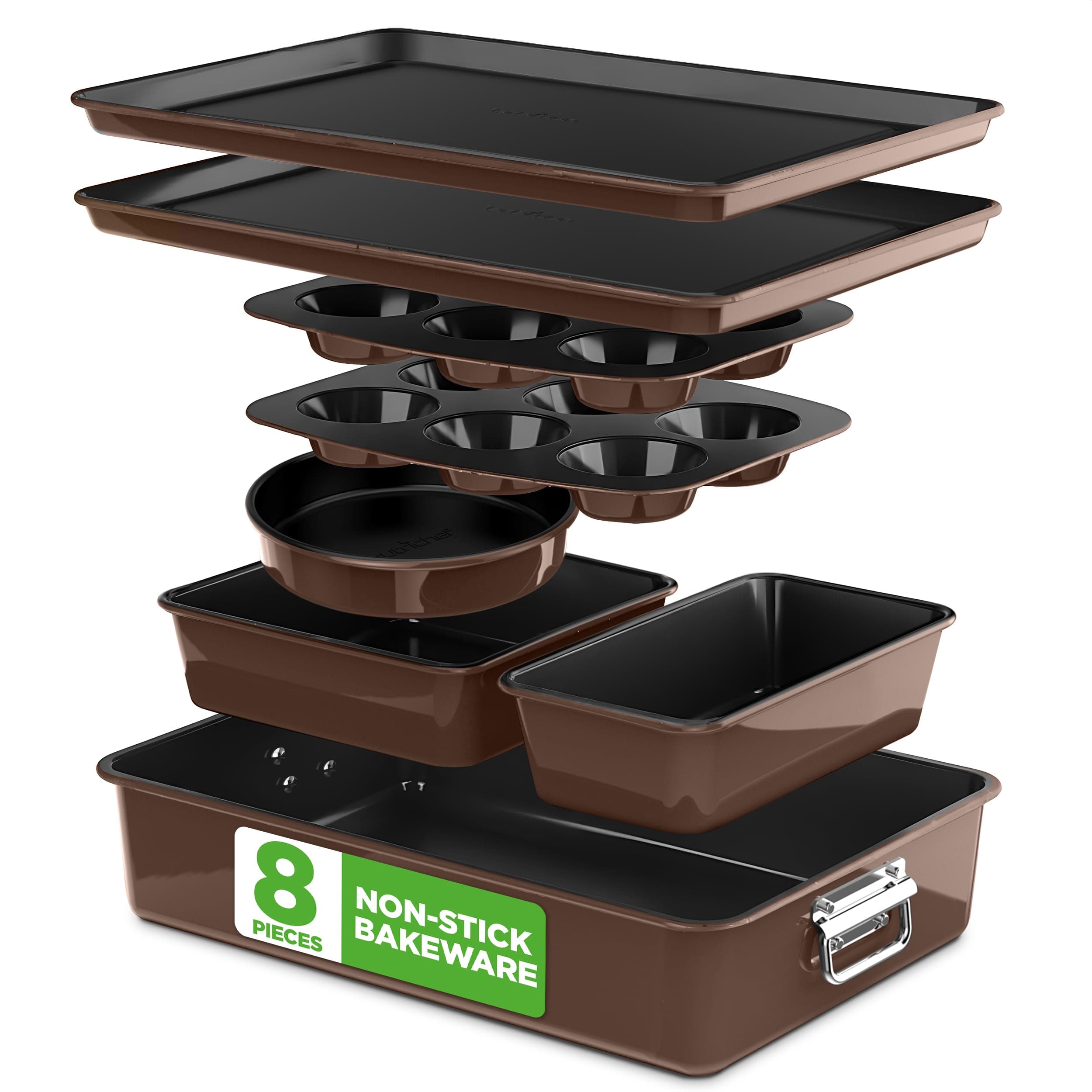 8-Piece Nonstick Stackable Bakeware Set - PFOA, PFOS, PTFE Free Baking Tray Set w/Non-Stick Coating, 450°F Oven Safe, Round Cake, Loaf, Muffin, Wide/Square Pans, Cookie Sheet (Brown)
