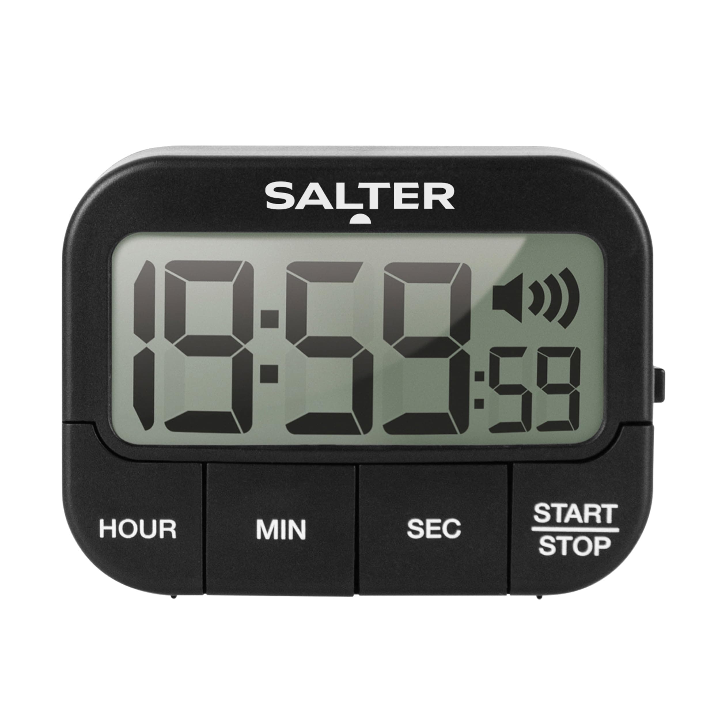 Salter 355 BKXCDU Digital Kitchen Timer - LCD Display, Loud Clock Timer, Magnetic Cooking Stopwatch, Self Standing, Count Up Or Down,19 Hours 59 Minutes and 59 Seconds, Memory Function, Large Buttons