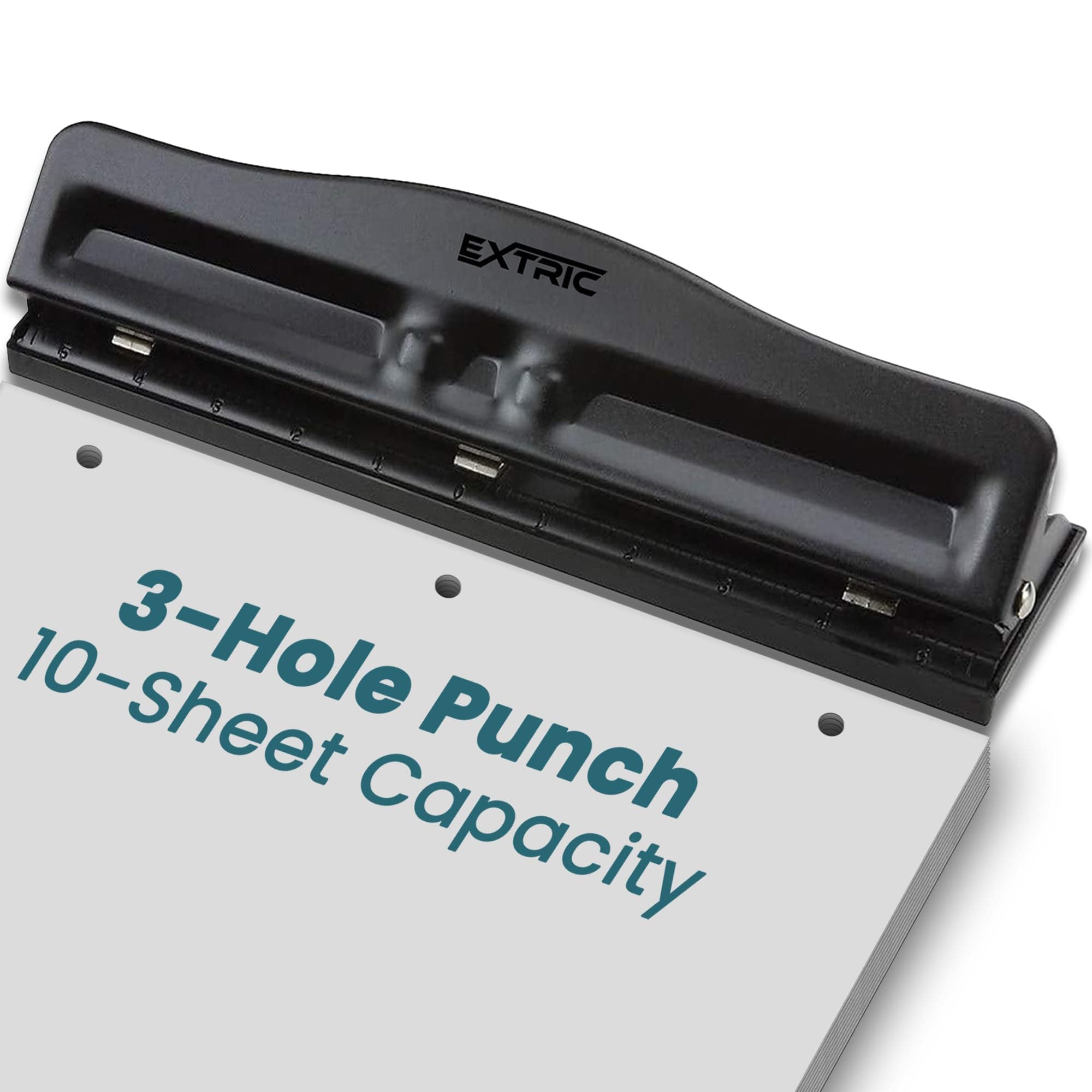 EXTRIC 3 Hole Punch for Binder, Adjustable Heavy Duty 3 Ring Hole Punch – 10 Sheet Capacity Durable Metal Three Hole Puncher with Paper Guide Rubber Base, Easy Clean Tray for Office, School