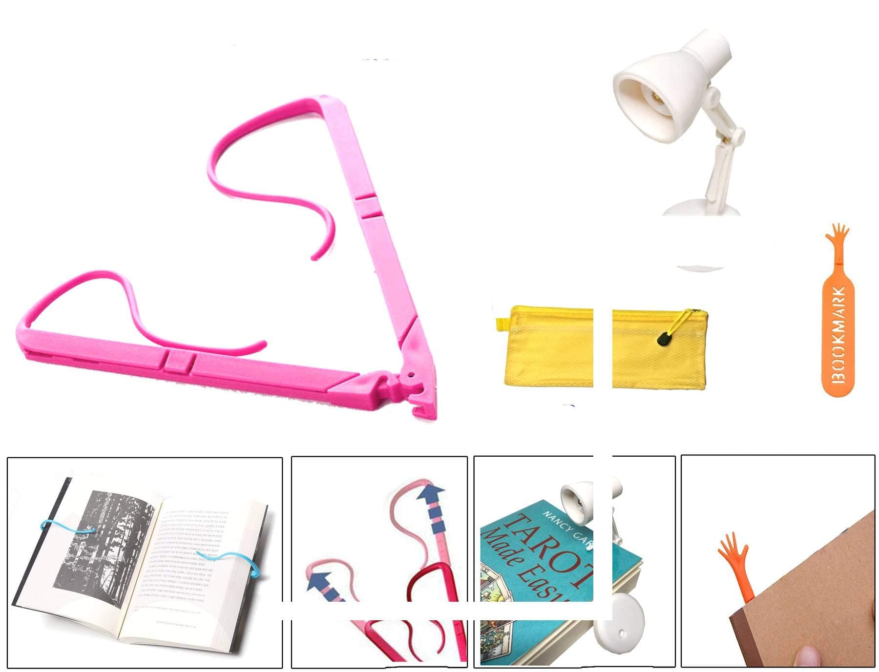 Book Holder for Reading Hands Free Adjustable Size (Easy to Turn Page) Set with 2 in 1 LED Book Light Clip on & Stand (Battery Operated) in Water Proof Zipper Pouch and Free Help Me Bookmark