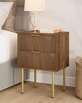 Masupu Night Stand,Mid-Century Modern Bedside Table with 2 Storage Drawer,Small Gold Frame Side End Table for Bedroom,Living Room, Walnut