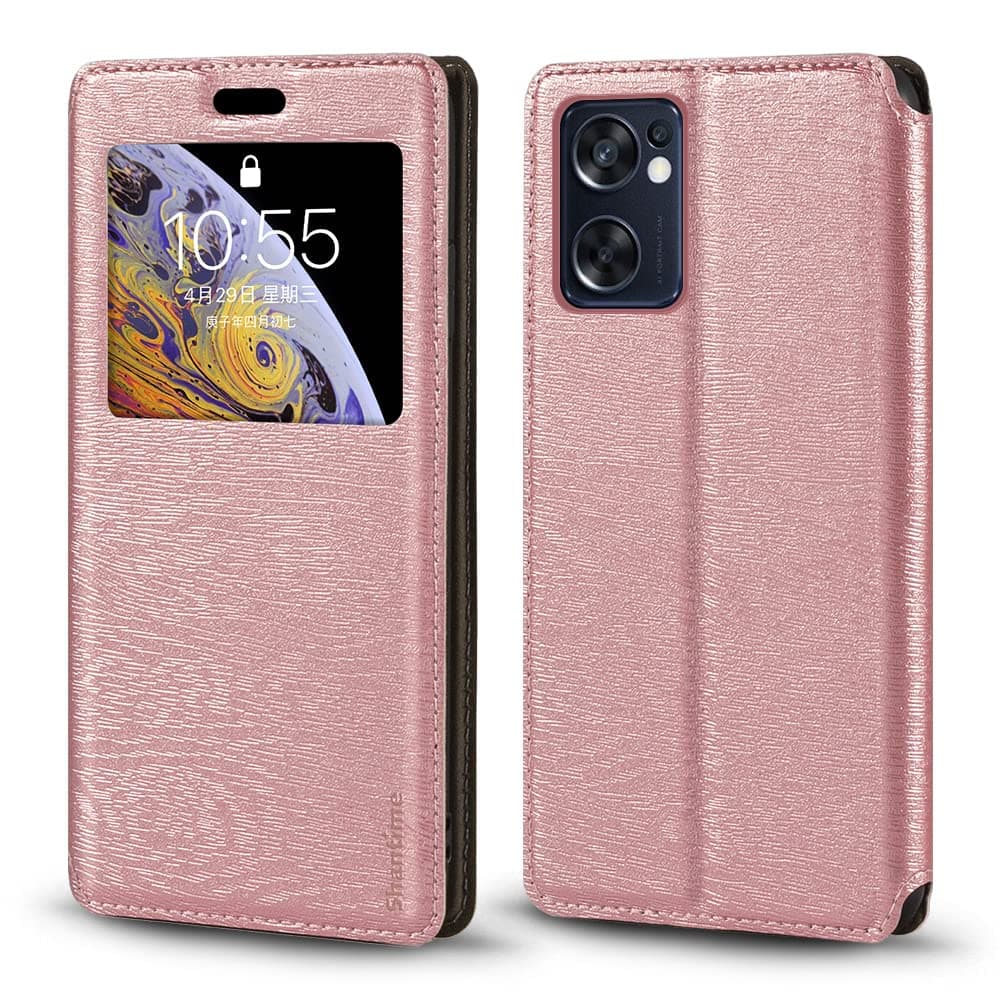 Viewable Window Leather Flip Case Compatible with OPPO Reno 7 SE 5G, Elegant Design Clear Display Invisible Magnetic Cover and Card Slot(Rose Gold)