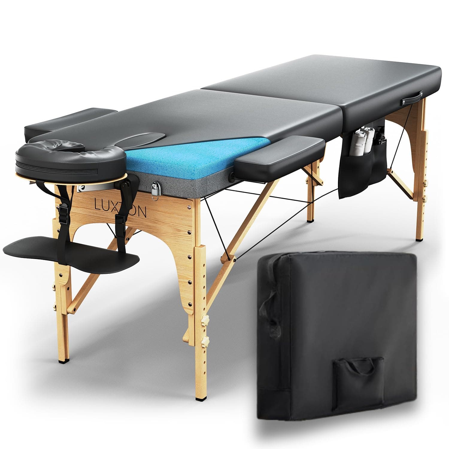 Memory Foam Massage Table Premium Portable Foldable Massage Bed Height Adjustable 72 Inches Long 27 Inches Wide Home Salon Spa Bed Tattoo Table with Accessories & Carrying Case Easy Set Up