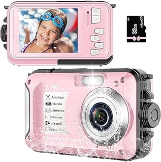 Underwater Camera 2.7K 56MP Waterproof Camera Autofocus with 32GB Card, 16FT Waterproof Digital Camera with 2.7" Screen for Kids, 16X Fill Light Portable Compact Digital Camera for Snorkeling, Pink