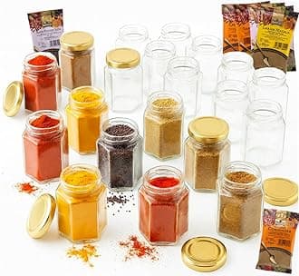 Glass Jars with Lids & Labels - 22 Hexagonal with 8 Spices | 9oz / 280ml Storage Jars of Quality Made Reusable | Ideal for Spice Jam Honey Yogurt Sweets or Candle Making | 22 Pack