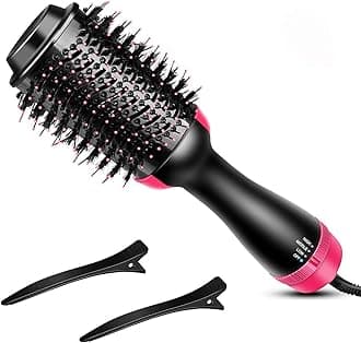 JSKB Enterprise Hot Air Brush, One-Step Hair Dryer, and Volumizer Styler, Professional 3-in-1 Salon Negative Ion Ceramic Electric Blow Rotating Straightener and Curly with Anti-Scald Heir (Black & PINK)^(2 CLIP FREE)[Premium Edition]