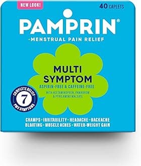 Pamprin Multi-Symptom Formula, with Acetaminophen, Menstrual Period Symptoms Relief including Cramps, Pain, Bloating, and Irritability 40 Caplets