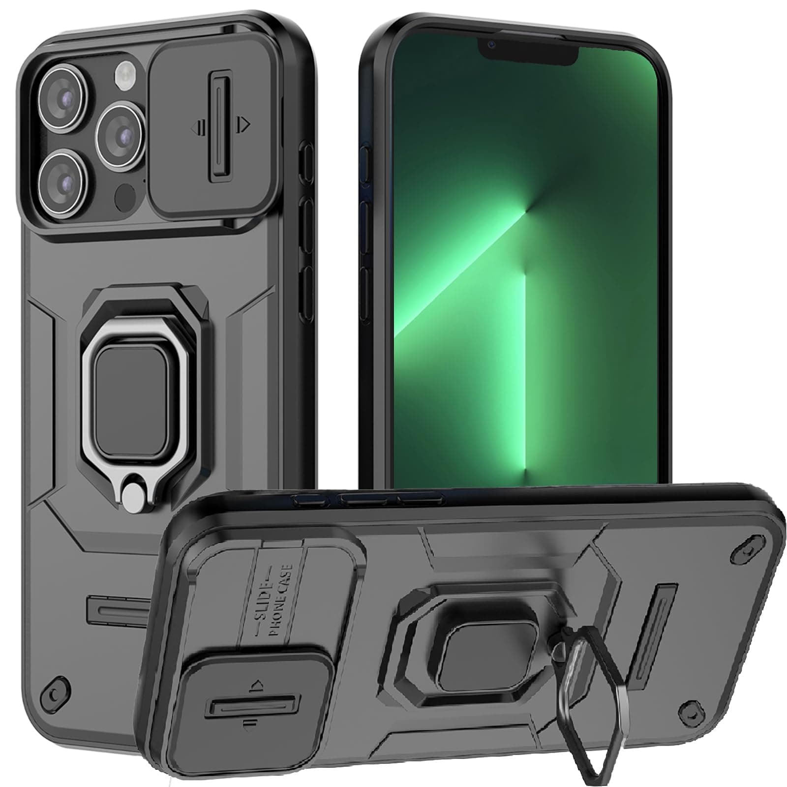 for iPhone 13 Pro Case with Sliding Camera Cover and 360° Rotate Ring Kickstand Heavy Duty Protective Shockproof Protective Phone Case for iPhone 13 Pro Cover,Black
