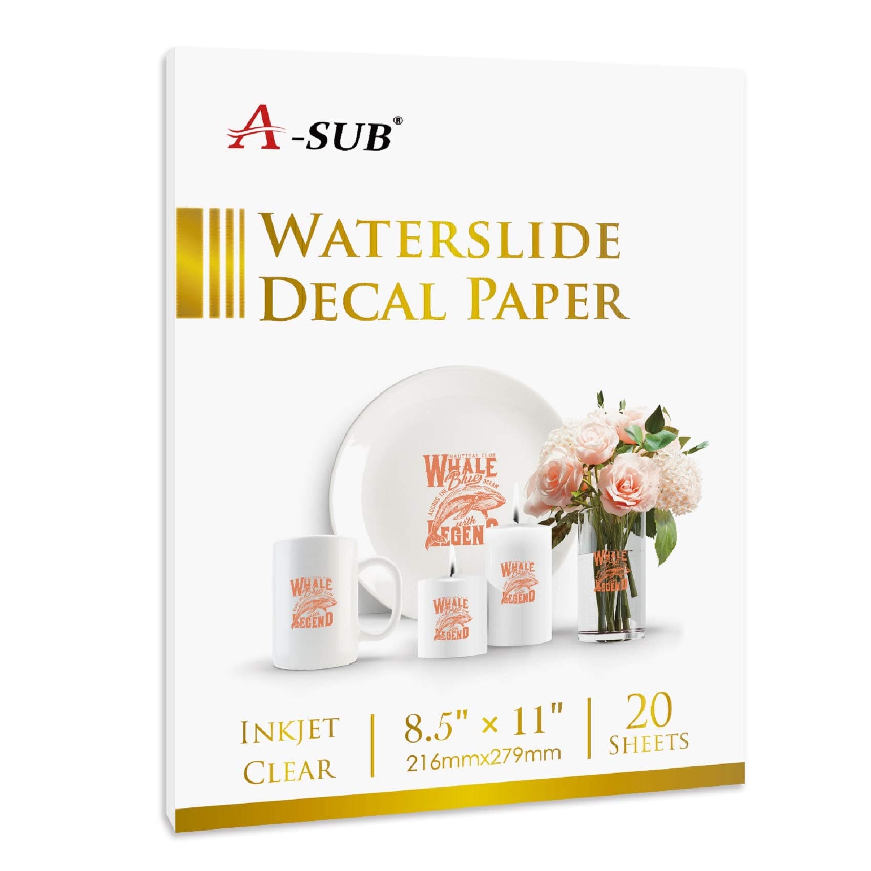 A-SUB Waterslide Decal Paper for Inkjet Printers 20 Sheets Clear Water Slide Transfer Paper 8.5x11 in for DIY Tumbler, Mug, Glass Decals