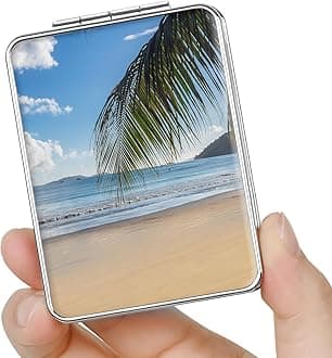 Pocket Mirror, Small Travel Mirror with Magnification, Portable Double-Sided Magnifying Cosmetic Mirror for Daily (Beach)