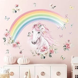 Large Rainbow Wall Decals Horse Flower Peel and Stick Wall Art Stickers for Girls Bedroom Kids Room Baby Nursery