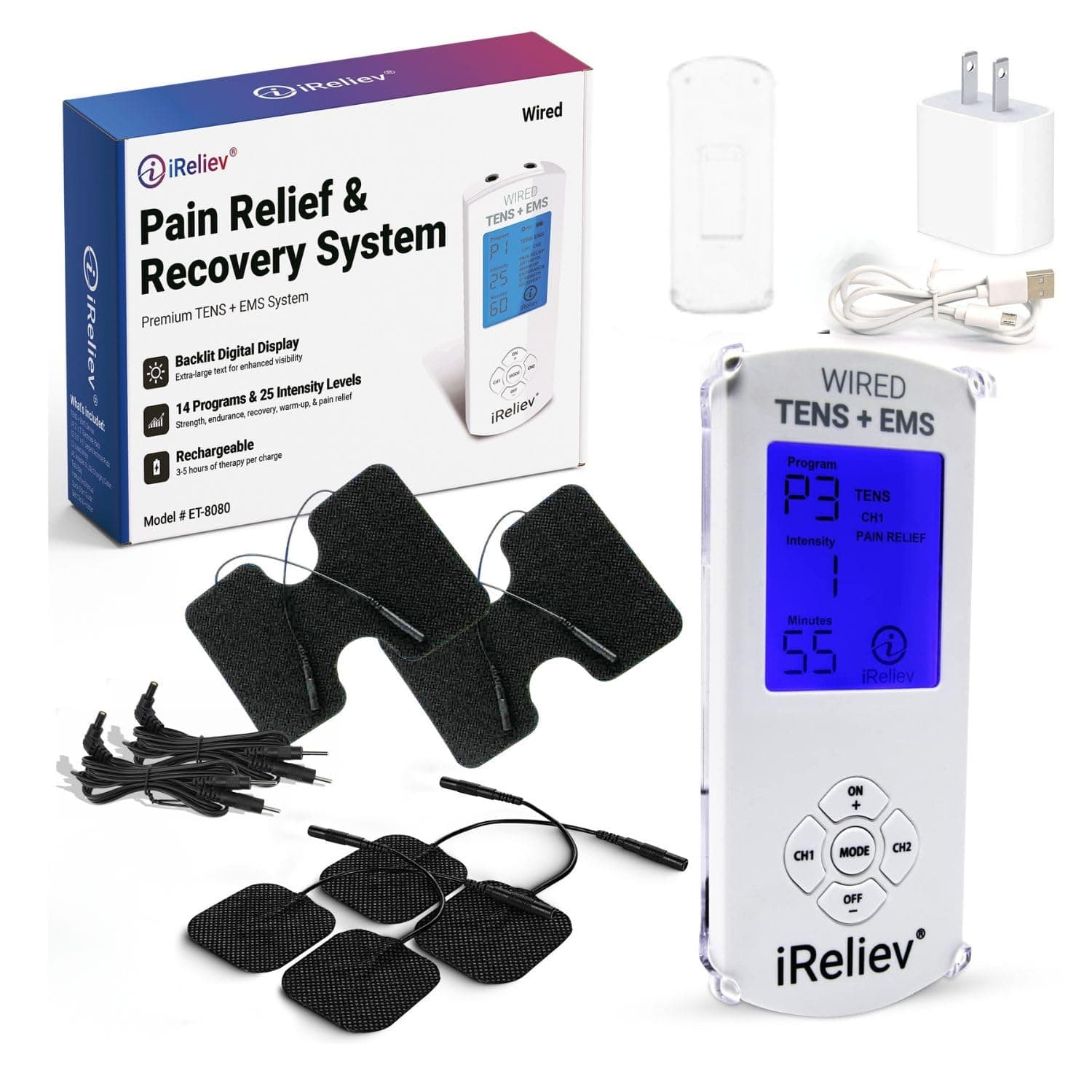iReliev TENS Unit + EMS Muscle Stimulator with 14 Therapy Modes, Premium Pain Relief and Recovery System, Rechargeable, Large Back Lit Display, Large and Small Electrode Pads