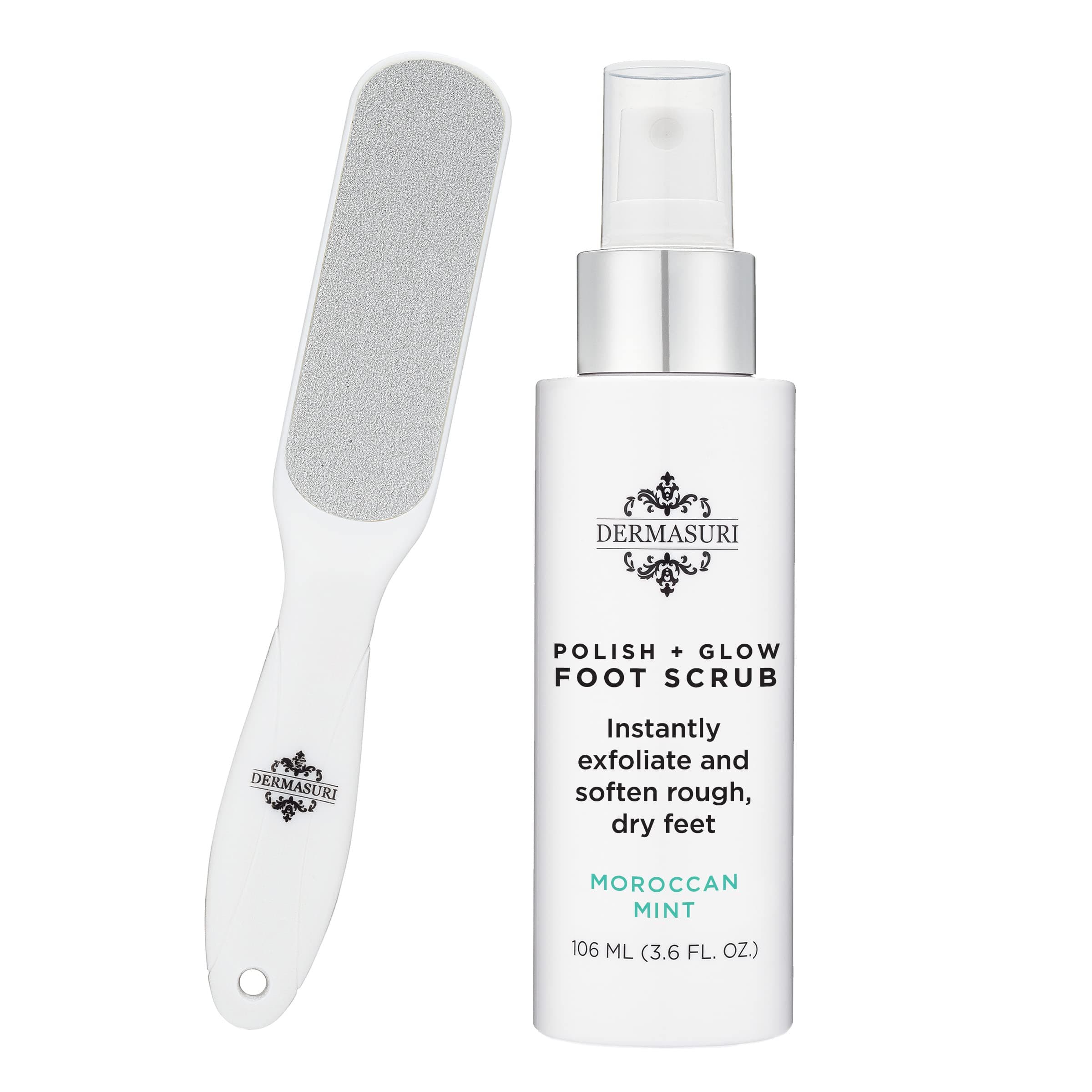 Dermasuri - Callus Remover Foot Scrub - Exfoliating Feet Spray-on Formula and Reusable Deluxe Sole File - Dead Skin Remover, Callus Rasp Scrubber, Peel & Soften Cracked Heels - Deluxe Pedicure Spa Kit