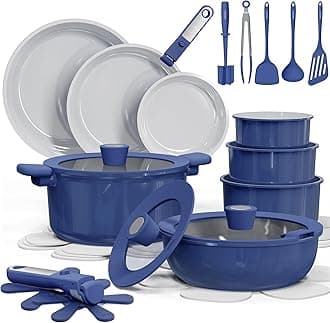 CAROTE 27pcs Ceramic Cookware Set Nonstick, Pots and Pans Set Non Stick, Non Toxic Cookware Detachable Handles, Dishwasher/Oven Safe, RV/Camping Cookware, Pan and Pot with Kitchen Utensils, Navy Blue