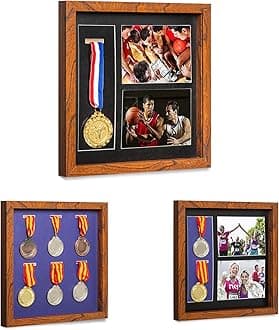 IHEIPYE Medal Display Shadow Box - Single Medal Display case - Perfect Medal Display for Runners, Marathon, Race Winner,Soccer, Gymnastics & All Sports Walnut,12x12
