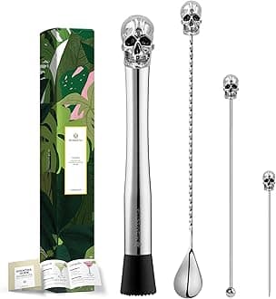 Homestia 4PCS Skull Muddler Set, 10 Inch 304 Stainless Steel Cocktail Muddler for Mojito and Fruit Drinks, Home Bar Tool Set of Bar Spoon Swizzle Stick Cocktail Pick Silver