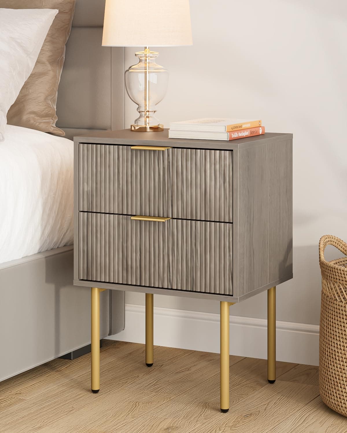 Masupu Night Stand,Mid-Century Modern Bedside Table with 2 Storage Drawer,Small Gold Frame Side End Table for Bedroom,Living Room, Grey
