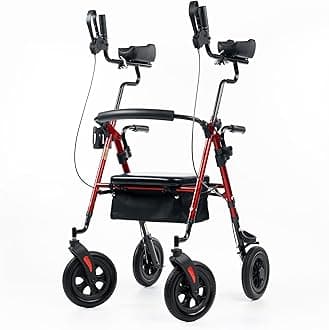 All-Terrain Upright Rollator Walker, Stand Up Rolling Walker with 10’’Big PU Wheels and Adjustable Padded Armrests for Seniors from 4’8”to 6'4”, Red
