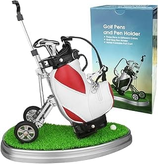 10L0L Golf Pen Holder 3 Club Pens & Movable Cart, Mini Golf Bag Desk Decor for Office, Funny Gifts for Men, Dad, Boss Stocking Stuffers for Golfers on Birthday, Christmas, Fathers Day (Red)