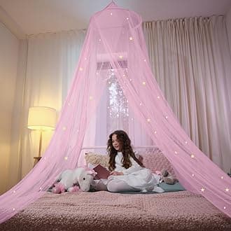 Pink Bed Canopy for Girls with Glowing Stars - Premium Canopy Bed Curtains | Fits Single, Twin, Full, Queen Size Kids Bed, Princess Netting Room Decor, Ceiling Tent to Cover Toddler, Canopy for Bed