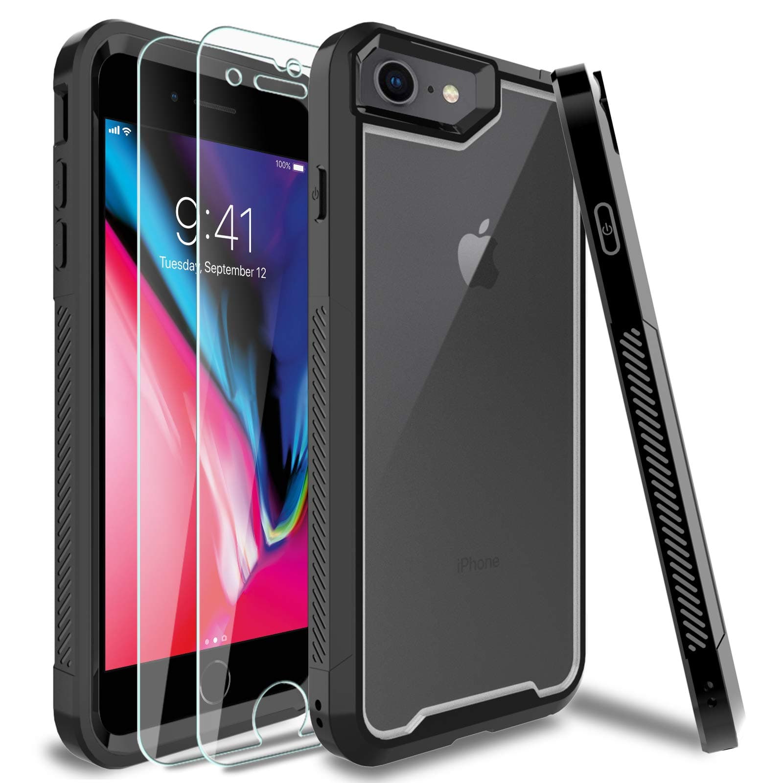 HATOSHICase for iPhone SE 2022, iPhone SE Case 2020, iPhone 8/7/6 Case with 2 Pack Tempered Glass Screen Protector 4.7-inch, Heavy Duty Protection Clear Shock Absorption Protective Phone Case, Black