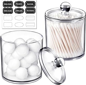 SheeChung Clear Acrylic Qtip Holder with Labels–Shatterproof Plastic Apothecary Jars for Bathroom Organization–Vanity Cotton Swab Holder Canisters for Cotton Balls, Pads, Floss Picks-Minimalist Decor