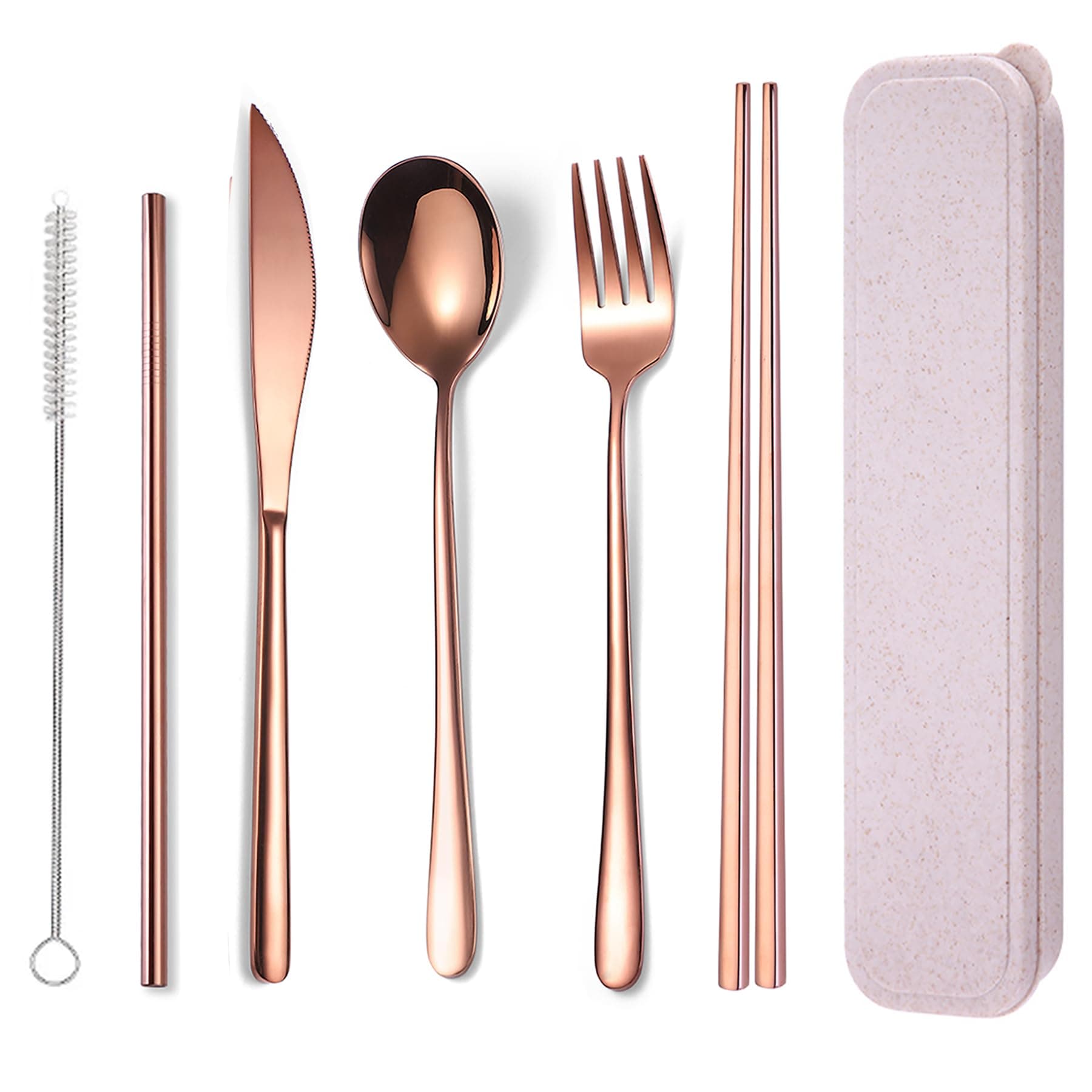 AARAINBOW 6 Pieces 18/8 Stainless Steel Flatware Set Portable Reusable Cutlery Set Travel Utensils Set Including Chopsticks Knife Fork Spoon Straws Cleaning Brush Dishwasher Safe (Rose Gold)