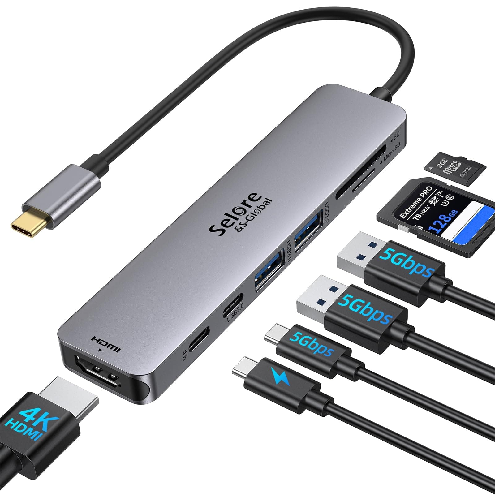 Selore&S-Global Selore USB C HUB Adapter, 7-in-1 Type C HUB Multiport Adapter with 4K HDMI, 100W PD, 3 USB Ports, SD/Micro SD Card Reader Compatible for Mac Dell HP