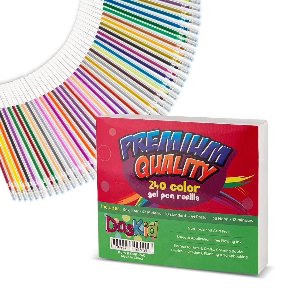DasKid 240 Matching Ink Refills Cartridges. Includes: Two Sets of 120 Assorted Colors: 48 Glitter, 21 Metallic, 22 Pastel,18 Neon, 6 Rainbow, 5 Standard colors,