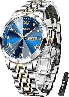 OLEVS Mens Watch Stainless Steel Analog Quartz Watches for Men Day Date Easy Read Diamond Waterproof Dress Luxury Classic Casual Big Face Blue/Black/Gold/Silver Roman Arabic Numerals Men's Wrist Watch