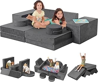 Kidirect Modular Kids Play Couch, K12 320+DIY Convertible Foam Play Couch for Boys & Girls, Versatile Kids Play Couch Building Fort, Child Sectional Kids Sofa Couch for Playroom Bedroom (Space Grey)