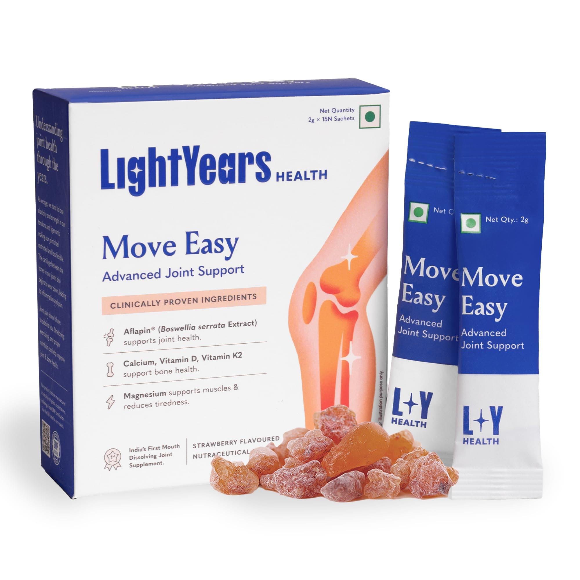 - LightYears Move Easy | Advanced Joint Support Supplement | Clinically Proven Ingredients | Boswellia Serrata, Magnesium, Calcium, Vitamin D, Vitamin K2-7 | Mouth-Melting Powder | 15 Sachets
