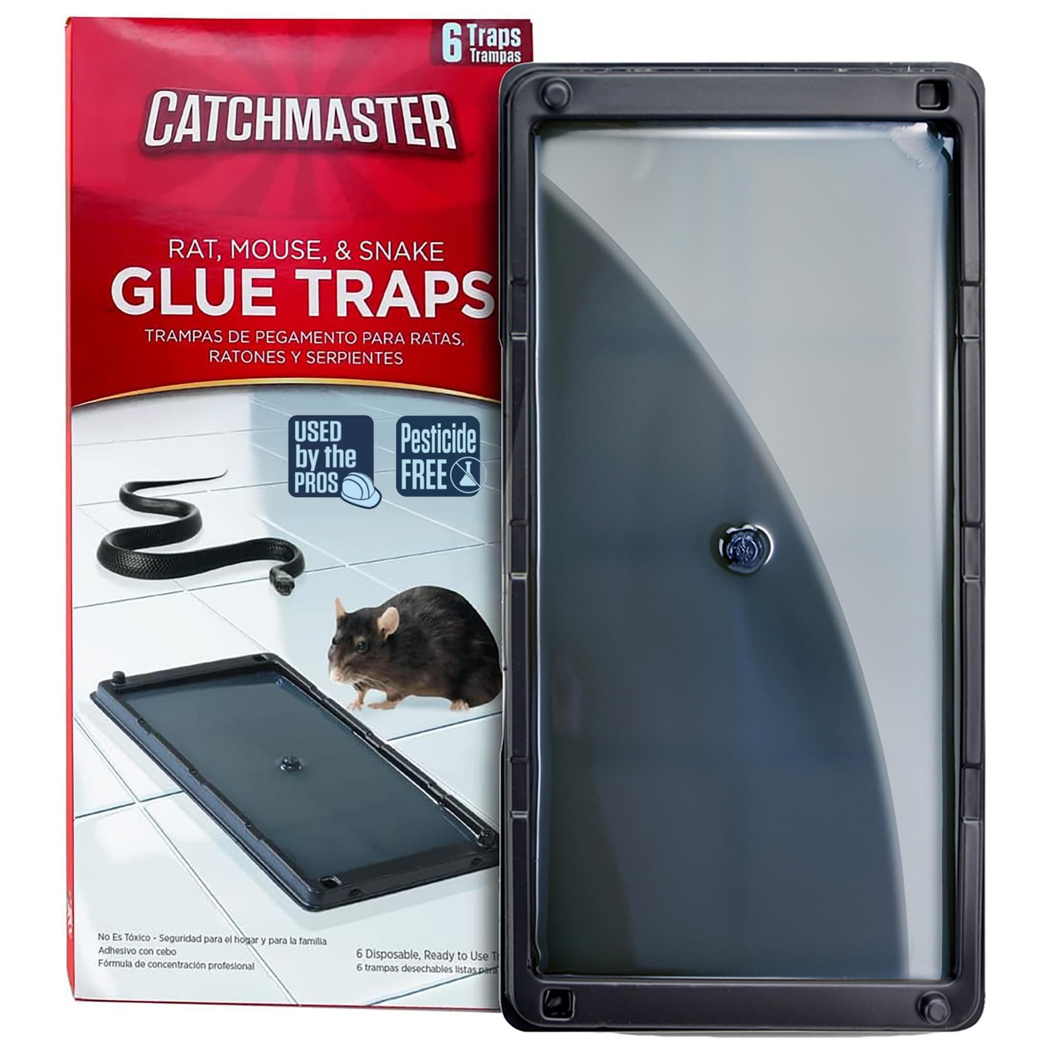 Catchmaster Rat, Snake and Mouse Traps 6Pk, Large Bulk Glue Rat Traps for Home, Adhesive Plastic Tray for Inside House, Snake, Mice, & Spider Catcher, Pest Control for House & Garage