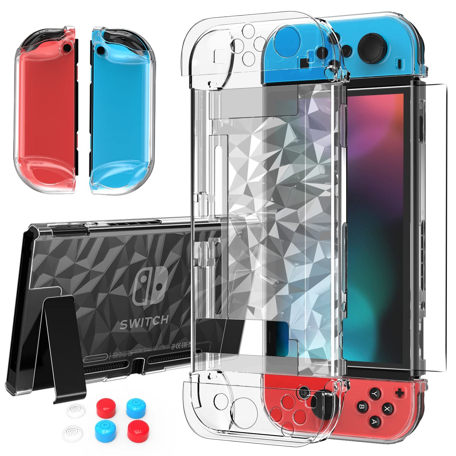 Case Compatible with Nintendo Switch with Protective Film, Transparent Protective Case for Nintendo Switch Accessories with Switch Protective Film and Grip Cover Case, Shock Absorption and
