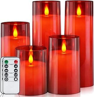 Homemory Christmas Red Flickering Flameless Candles, Battery Operated Acrylic LED Pillar Candles with Remote Control and Timer, Set of 5